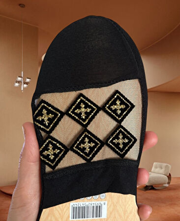 Zeyna Önü Transparan Gold/Gümüş İşlemeli Burnu Kapalı Feminen Şık Babet Çorabı