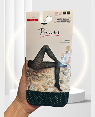 Elena Kış Filesi Zümrüt Yeşili Desenli Külotlu Çorap-Limited