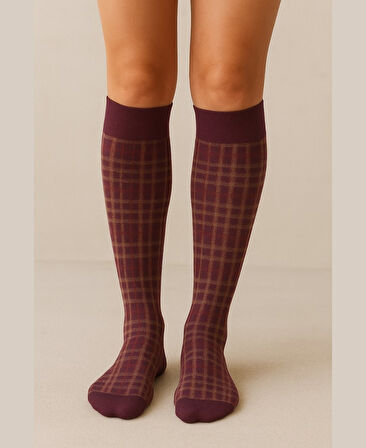 Heidi Bordo/Karadut Ekose Desen Esnek Diz Hizası Pantolon Çorabı