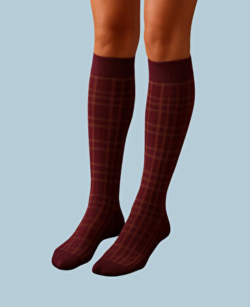 Heidi Bordo/Karadut Ekose Desen Esnek Diz Hizası Pantolon Çorabı