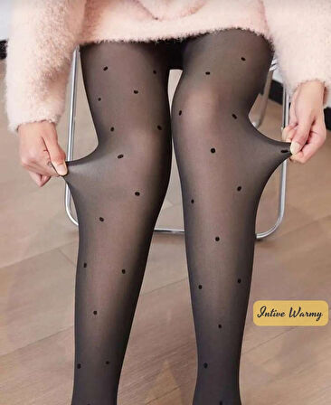 Intive İçi Polarlı Kışlık Ten Görünümlü Siyah Puantiyeli Kışlık Külotlu Çorap