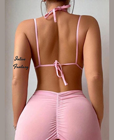 Intive Fantasy Toz Pembe Boyundan Bağlamalı Bel Dekolteli V Yaka Mini Gecelik