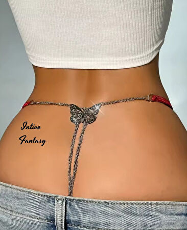 Intive Fantasy Arkası Kelebekli Çift Zincirli Önü Dantelli Ayarlanabilir G-String