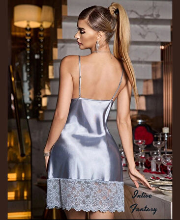Intive Fantasy Gri Göğsü ve Paçası Dantelli İnce Asklı Feminen Gecelik