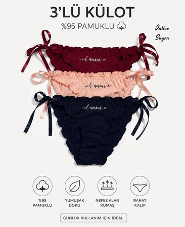 Intive Sugar 3'lü Yandan Saten Bağlamalı %95 Pamuklu Lolita Külot Set (Somon,Lacivert,Bordo)