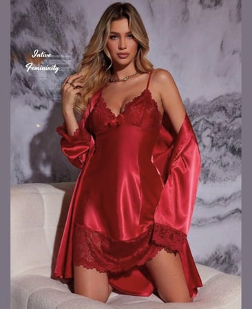 Intive Sugar Dantelli Saten Mini İnce Askılı Kırmızı Sabahlık Gecelik 2'li Takım