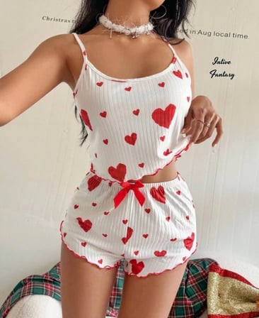 Intive Cutie Kırmızı Kalp Desenli Beyaz Rahat Kumaştan Şort Crop Pijama Takımı