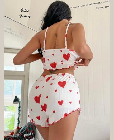 Intive Cutie Kırmızı Kalp Desenli Beyaz Rahat Kumaştan Şort Crop Pijama Takımı