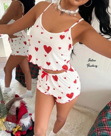 Intive Cutie Kırmızı Kalp Desenli Beyaz Rahat Kumaştan Şort Crop Pijama Takımı