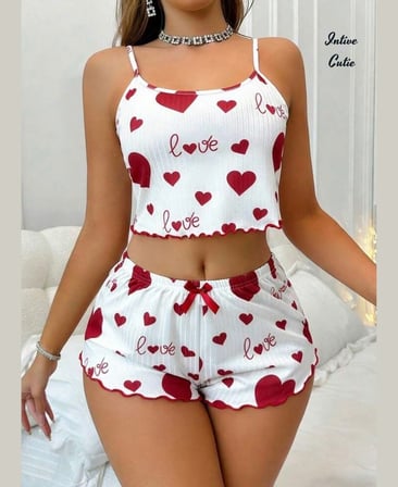 Intive Cutie Love Yazılı Kalp Desenli İnce Askılı Bralet Şort Takım/Pijama Takımı