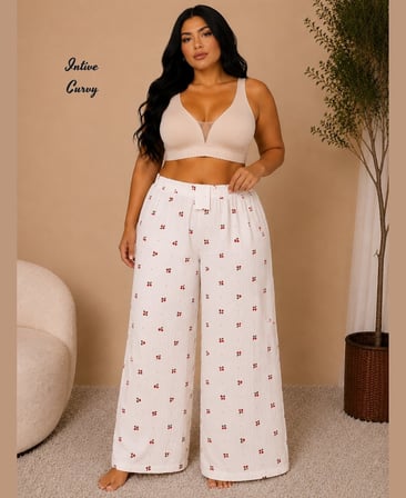 Intive Curvy Müslin Kumaş Nefes Alan Büyük Beden Kiraz Desenli Pamuklu Yazlık Pantolon (XL-3XL)