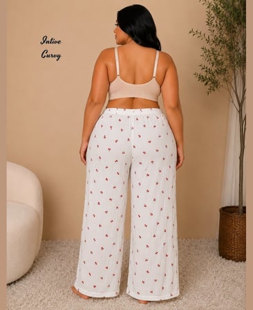 Intive Curvy Müslin Kumaş Nefes Alan Büyük Beden Kiraz Desenli Pamuklu Yazlık Pantolon (XL-3XL)