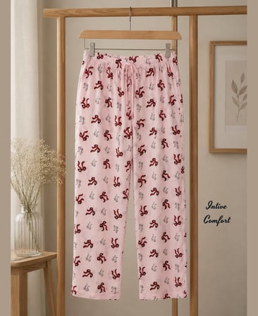 Intive Comfort Pudra Üzerine Kırmızı/Siyah Kurdele Desenli Beli Lastikli Pijama Altı