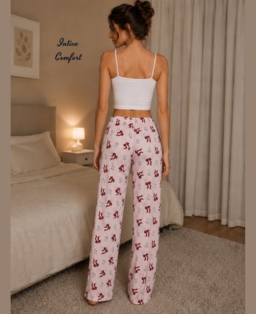 Intive Comfort Pudra Üzerine Kırmızı/Siyah Kurdele Desenli Beli Lastikli Pijama Altı
