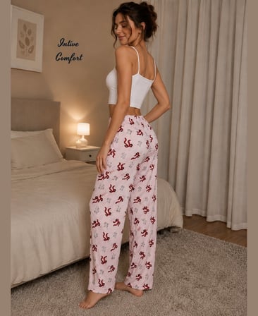 Intive Comfort Pudra Üzerine Kırmızı/Siyah Kurdele Desenli Beli Lastikli Pijama Altı