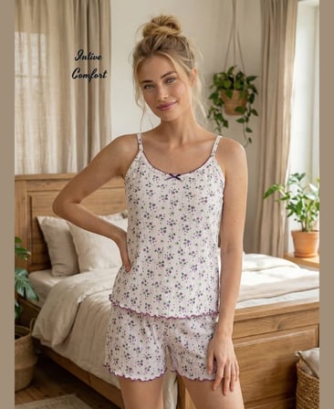 Intive Comfort Lila Küçük Çiçek Desenli Askılı Şortlu Feminen Yazlık Pijama Takımı
