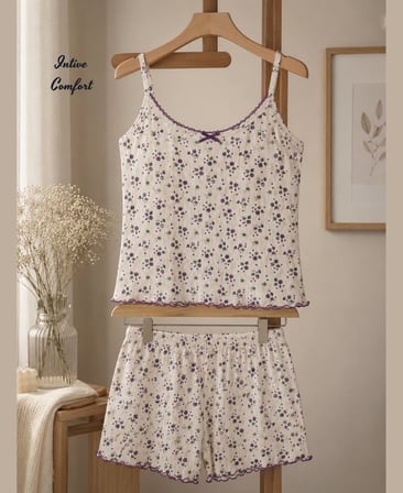 Intive Comfort Lila Küçük Çiçek Desenli Askılı Şortlu Feminen Yazlık Pijama Takımı