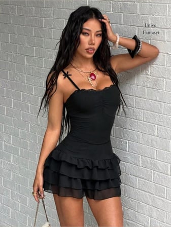 Intive Fantasy Siyah Eteği Katlı Volanlı İnce Askılı Mini Gecelik