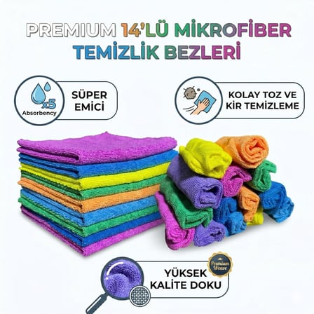 Premium 14'lü Çok Amaçlı Mikrofiber Temizlik Bezi Seti - 30x30 cm Süper Emici, Çizmez, Hav Bırakmaz (Mutfak, Oto, Cam ve Genel Ev Temizliği İçin)