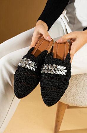 Günlük Kadın Taşlı Hasır Terlik Dantel Örme Önü Kapalı Nakışlı Alçak Topuklu Rahat 277