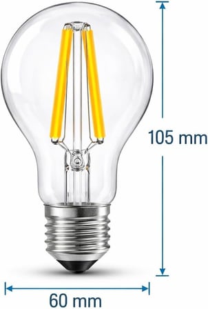 OSRAM LED Filament Ampul 6.5W (60W Eşdeğer) 2700K Sarı Işık 806 Lümen E27 Duy – 3’lü Paket – E Enerji Sınıfı – 360° Işık – 105x60 mm – Dimmer Uyumlu Değil