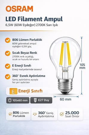 OSRAM LED Filament Ampul 6.5W (60W Eşdeğer) 2700K Sarı Işık 806 Lümen E27 Duy – 3’lü Paket – E Enerji Sınıfı – 360° Işık – 105x60 mm – Dimmer Uyumlu Değil