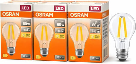 OSRAM LED Filament Ampul 6.5W (60W Eşdeğer) 2700K Sarı Işık 806 Lümen E27 Duy – 3’lü Paket – E Enerji Sınıfı – 360° Işık – 105x60 mm – Dimmer Uyumlu Değil
