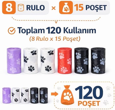 8 Adet Evcil Hayvan Kaka Poşeti Rulosu,Dayanıklı, Sızdırmaz, Kolay Koparılabilir Köpek Dışkı Toplama Poşeti,Hijyenik Kullanım, Kalın Malzeme, Kokuyu Hapseder(Mor, Beyaz, Siyah, Kırmızı)