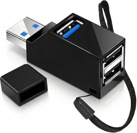 USB Çoklayıcı Hub 3 Port Switch - 1x USB 3.0 + 2x USB 2.0 - Laptop, PC için USB Çoğaltıcı Adaptör - Kolay Taşınabilir Bileklik İpli Splitter - Siyah