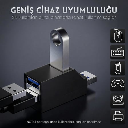 USB Çoklayıcı Hub 3 Port Switch - 1x USB 3.0 + 2x USB 2.0 - Laptop, PC için USB Çoğaltıcı Adaptör - Kolay Taşınabilir Bileklik İpli Splitter - Siyah
