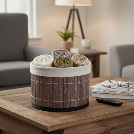 Yuvarlak Bambu Düzenleyici ve Saklama Sepeti – Çok Amaçlı Banyo, Makyaj ve Ofis Organizeri, Kumaş Astarlı Dekoratif Silindir Kutu (18x13 cm, Gri)