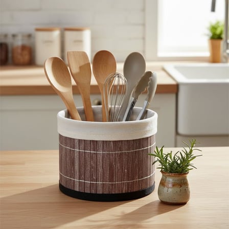 Yuvarlak Bambu Düzenleyici ve Saklama Sepeti – Çok Amaçlı Banyo, Makyaj ve Ofis Organizeri, Kumaş Astarlı Dekoratif Silindir Kutu (18x13 cm, Gri)
