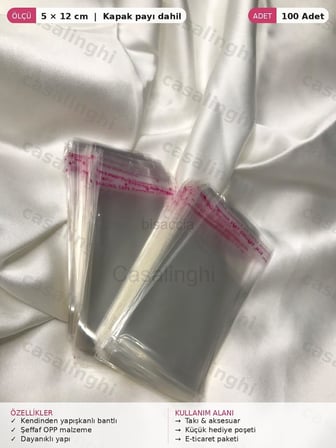 Şeffaf Jelatin Poşet 100 Adet 10x15 cm Kendinden Yapışkanlı Bantlı OPP Torba Kapak Dahil - Casalinghi