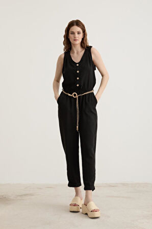 Vos Versa Kadın Kemer Detaylı Uzun Keten Siyah Tulum VVK2772