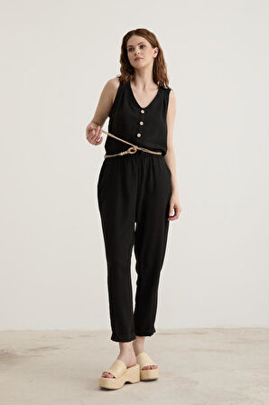 Vos Versa Kadın Kemer Detaylı Uzun Keten Siyah Tulum VVK2772