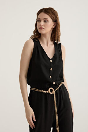 Vos Versa Kadın Kemer Detaylı Uzun Keten Siyah Tulum VVK2772