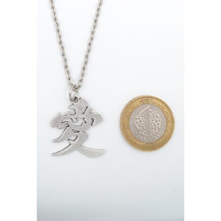 Herşey Nota Çin Aşk Sembolü - Naruto Kazekage Gaara Erkek Kadın Kolye Antik Gümüş Kaplama - 60 cm Düz Zincir