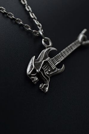 Herşey Nota Kuru Kafa Elektro Gitar Erkek Kadın Kolye 925 Ayar Gümüş Kaplama - 60 Cm Düz Zincir