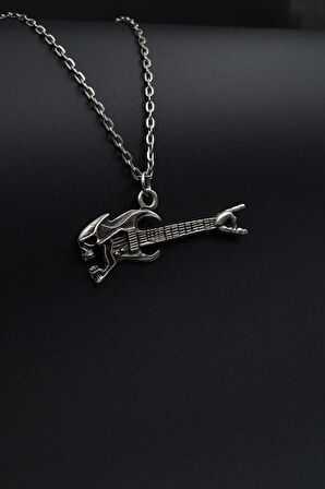 Herşey Nota Kuru Kafa Elektro Gitar Erkek Kadın Kolye 925 Ayar Gümüş Kaplama - 60 Cm Düz Zincir