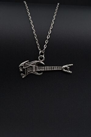 Herşey Nota Kuru Kafa Elektro Gitar Erkek Kadın Kolye 925 Ayar Gümüş Kaplama - 60 Cm Düz Zincir