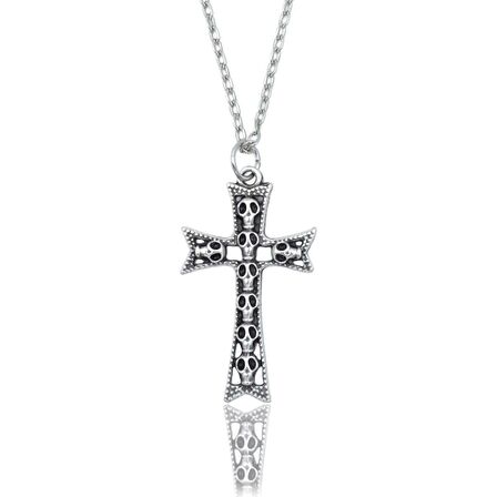 Kuru Kafalı Haç Erkek Kadın Kolye Antik Gümüş Kaplama - 60 cm Düz Zincir