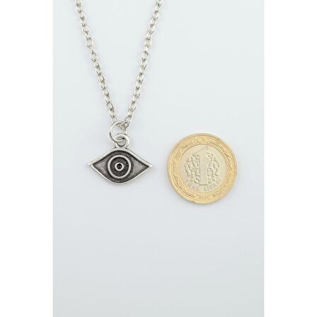 Minimal Göz Erkek Kadın Kolye Antik Gümüş Kaplama - 60 cm Düz Zincir