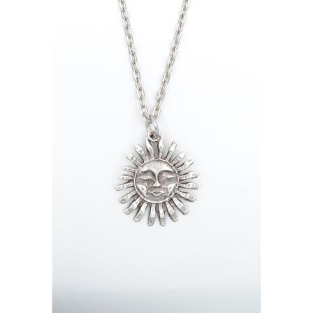 Herşey Nota Smile - Güneş Erkek Kadın Kolye Antik Gümüş Kaplama - 60 cm Düz Zincir