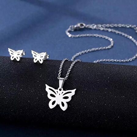 Herşey Nota Silver Harajuku Butterfly Kolye Ve Küpe Seti