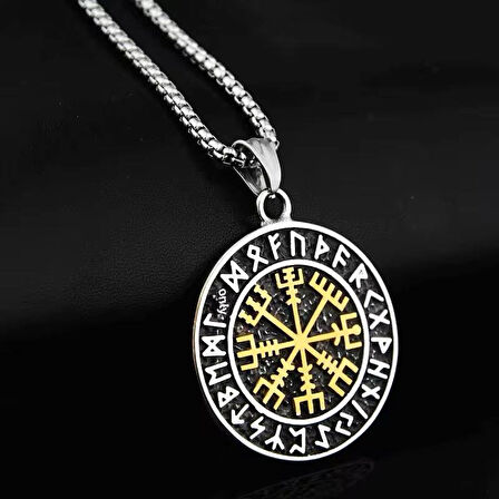 Viking Nordik Vegvisir İşlemeli Runik Sembollü 316L Paslanmaz Çelik Kolye Gümüş Gold