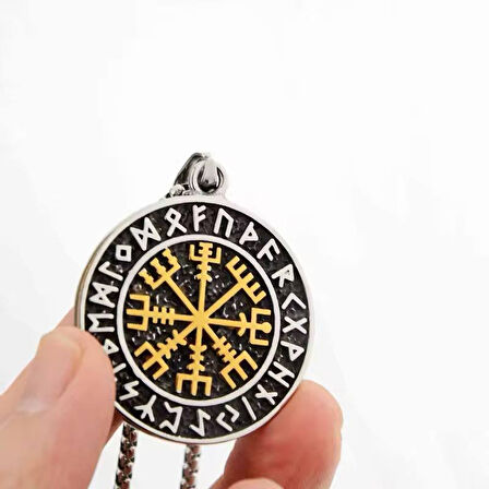 Viking Nordik Vegvisir İşlemeli Runik Sembollü 316L Paslanmaz Çelik Kolye Gümüş Gold