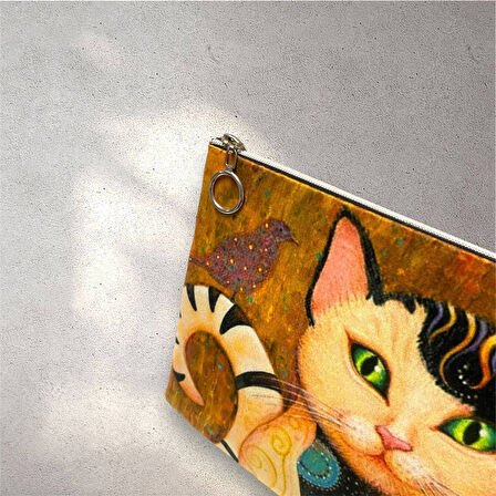 Gustave Klimt Kiss Öpücük Tablosu Kedi Uyarlaması Clutch Portföy Çanta