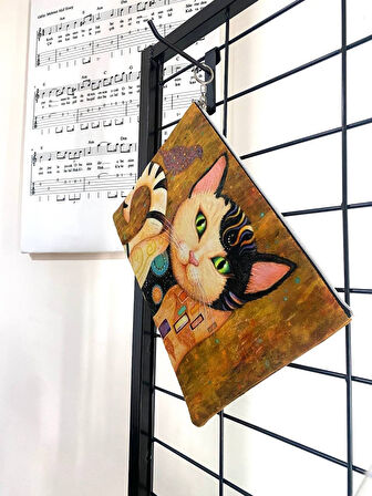 Gustave Klimt Kiss Öpücük Tablosu Kedi Uyarlaması Clutch Portföy Çanta