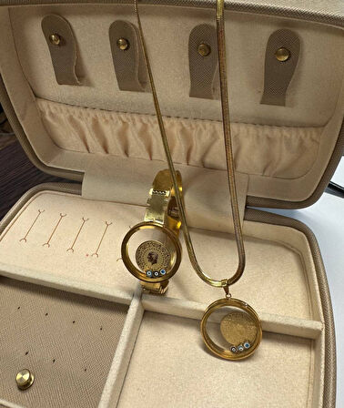 Çelik Gold Renk Figür Açılabilir Fanus Model Kadın İtalyan Zinciri Kolye Kelepçe Bileklik