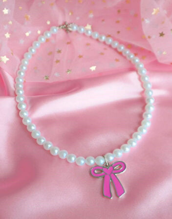 Pembe Fiyonk Kurdele Kadın İnci Kolye